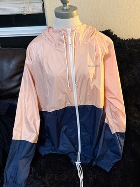 Columbia Peach and Navy Colorblock Hooded Windbreaker